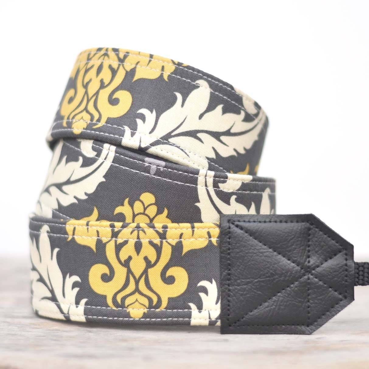 MADE TO ORDER - Camera Strap - Gray and Yellow Damask