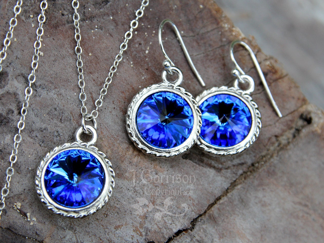 Sapphire & Silver Necklace and Earring Set - Deep blue crystal rivoli on sterling