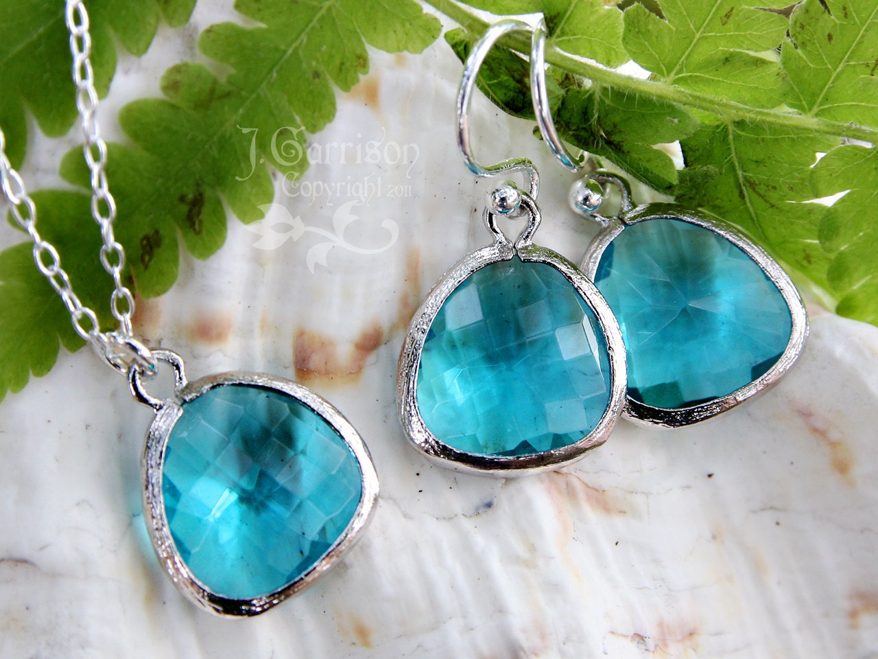 Aqua blue crystal silver necklace and earring set - bezel set deep aqua briolettes on sterling silver chain & earwires