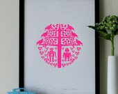 Robots in Love silkscreen print (neon pink)