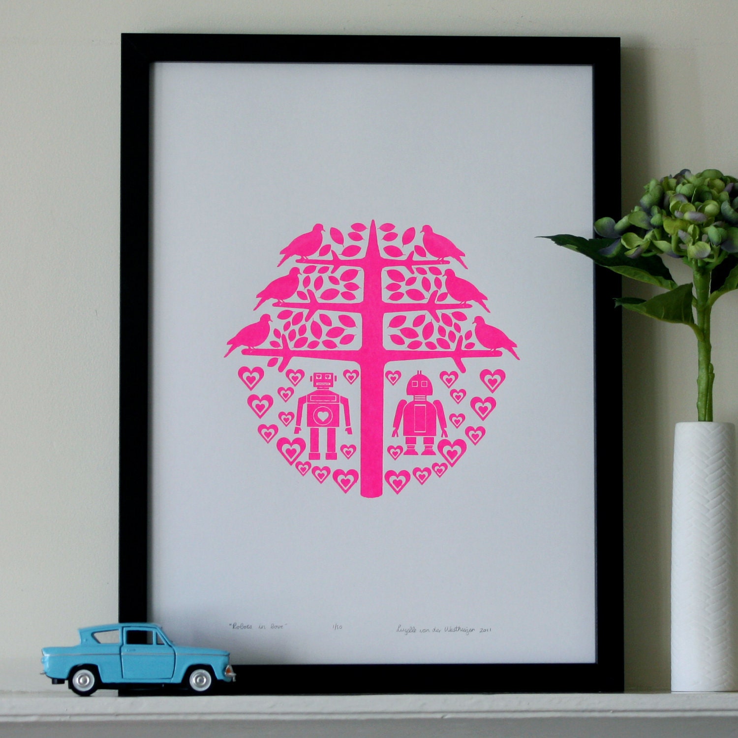 Robots in Love silkscreen print (neon pink)
