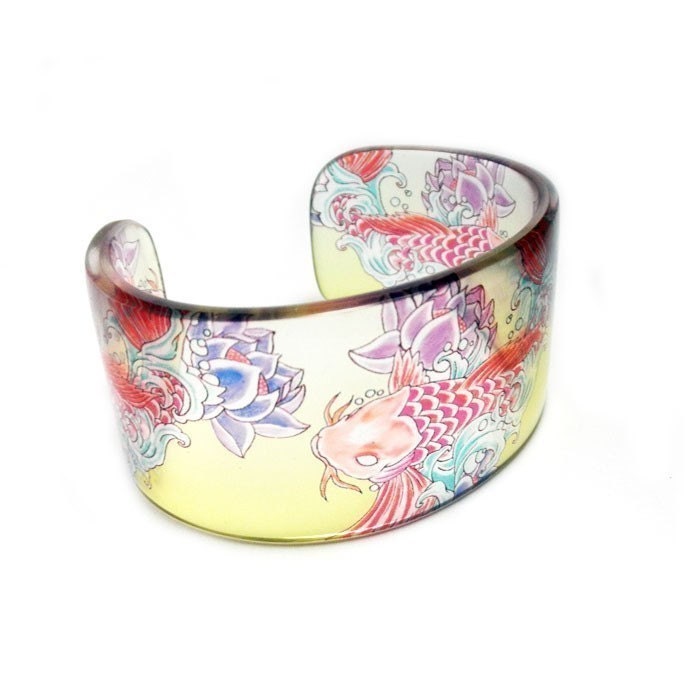 Cuff, Tattoo Koi, Cuff, Resin Bangle Cuff. Resin Bangle. Bangle Bracelet.  Bracelet Cuff. Graphic Bangle cuff.