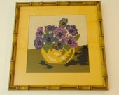 Vintage floral needlepoint in green faux bamboo frame