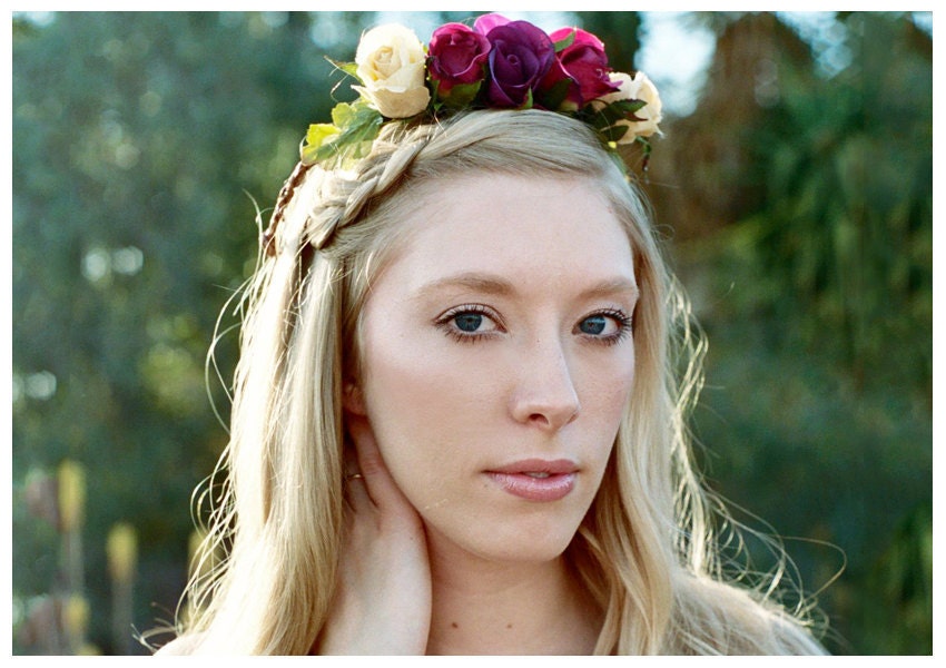 Purple and Peach Flower Crown - Halo - Bridal or Special Occasion
