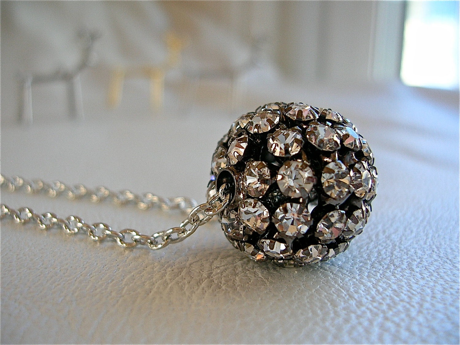 Rhinestone Time Square Ball Large  on Silver Plate Chain