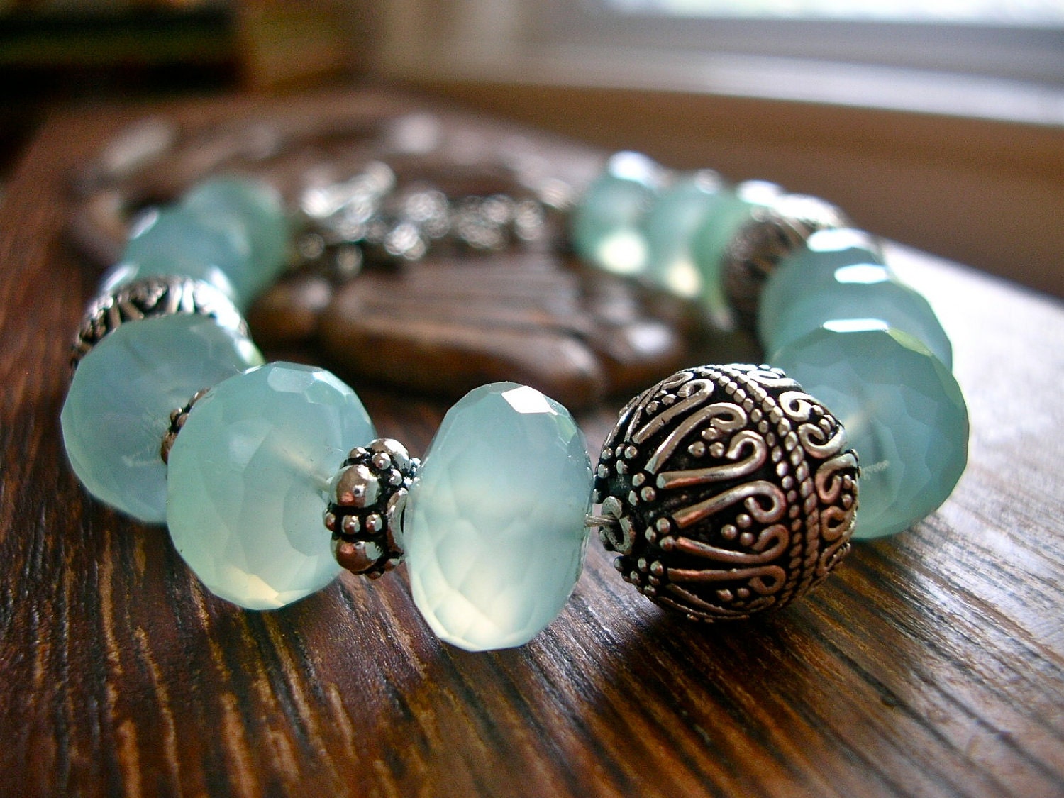 Spa Day -- Caribbean Aqua Blue Faceted Chalcedony with Sterling Silver Bali Beads and Star Flower Toggle