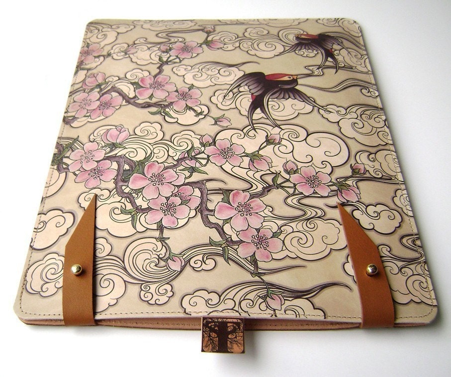 Leather iPad case - Cherry blossom and Swallows