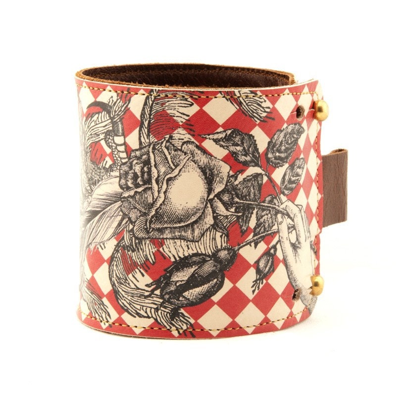 Leather cuff, wallet wristband - Red check
