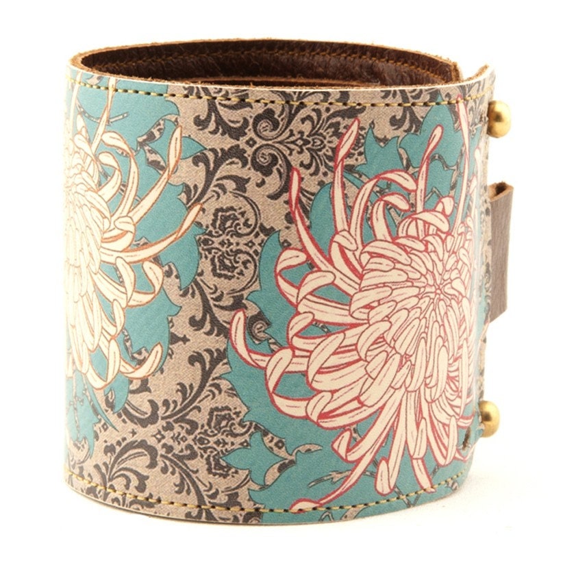 Leather cuff/ wallet wristband - Chrysanthemum