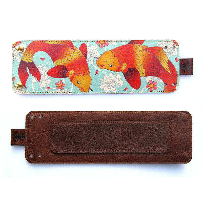 Leather cuff / wallet wristband - Koi and Lotus tattoo