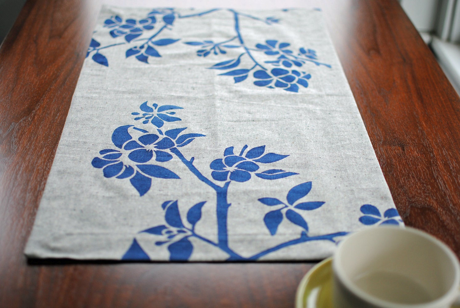 Block Printed Recycled Hemp Chopped Runner in Apple Blossom in Navy
