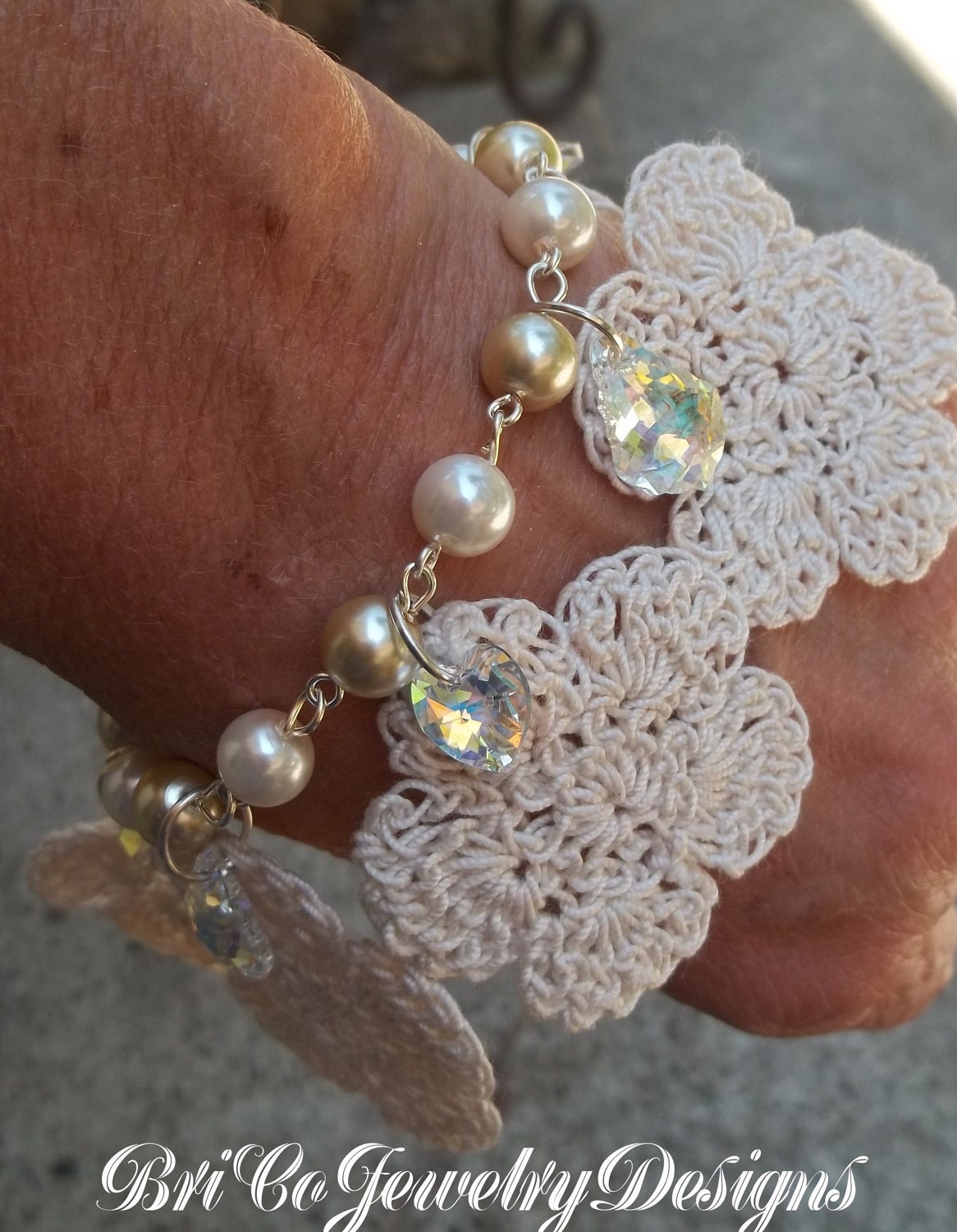 SALE - Was 29, now 22.  BRICO Vintage Inspired Doily Swarovski and Pearl Bracelet - Free S&H