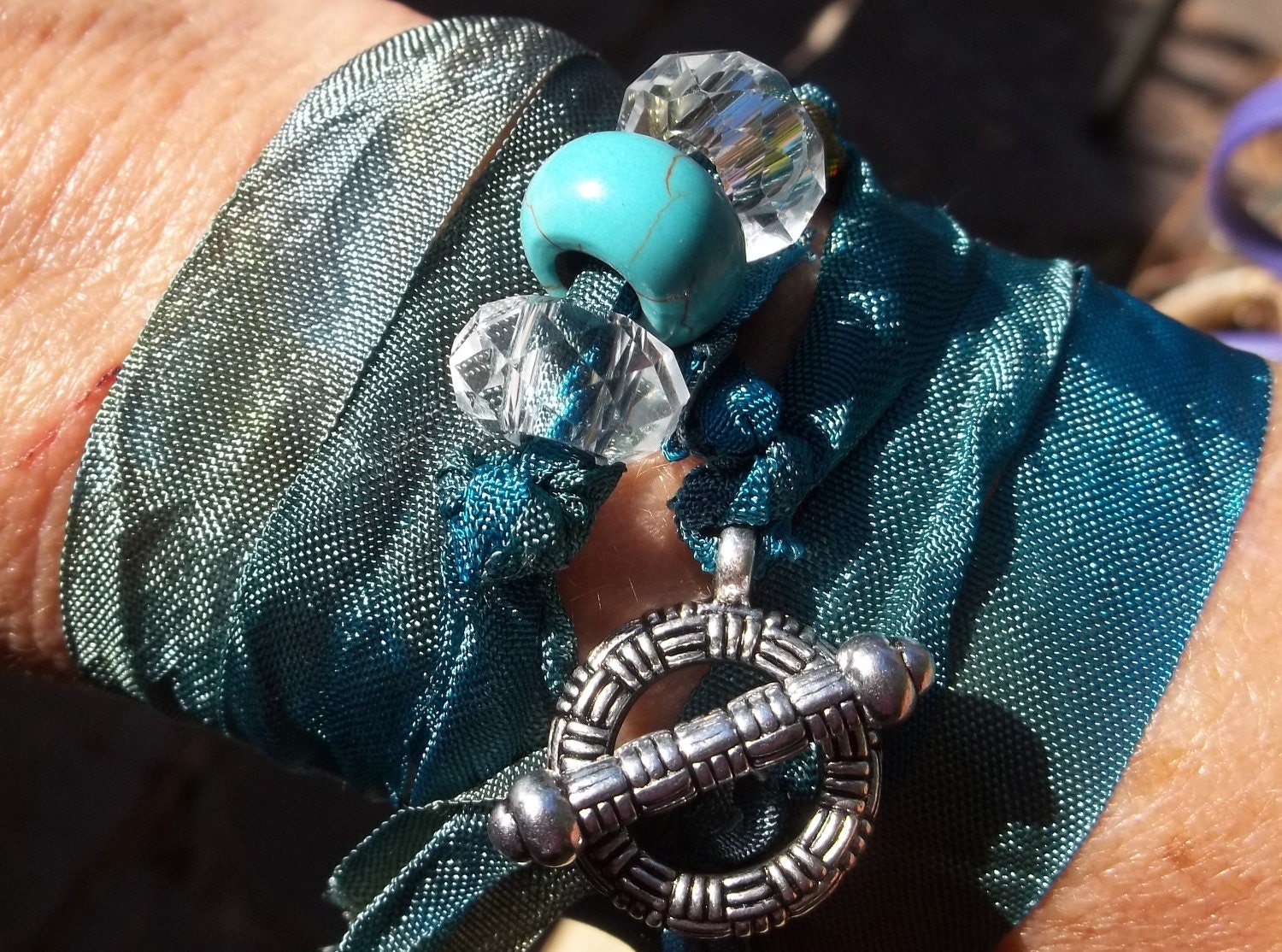 BRICO Turquoise Beaded Ribbon Wrap Boho Style Bracelet