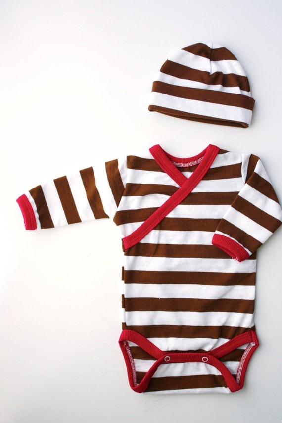 Newborn Brown Striped Baby Bodysuit and Hat Set