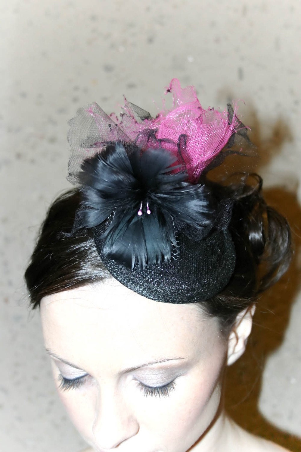 The Scarlet Cocktail Hat in Fuchsia by Love Charlie -hand made fascinator with feather mount and crinoline details