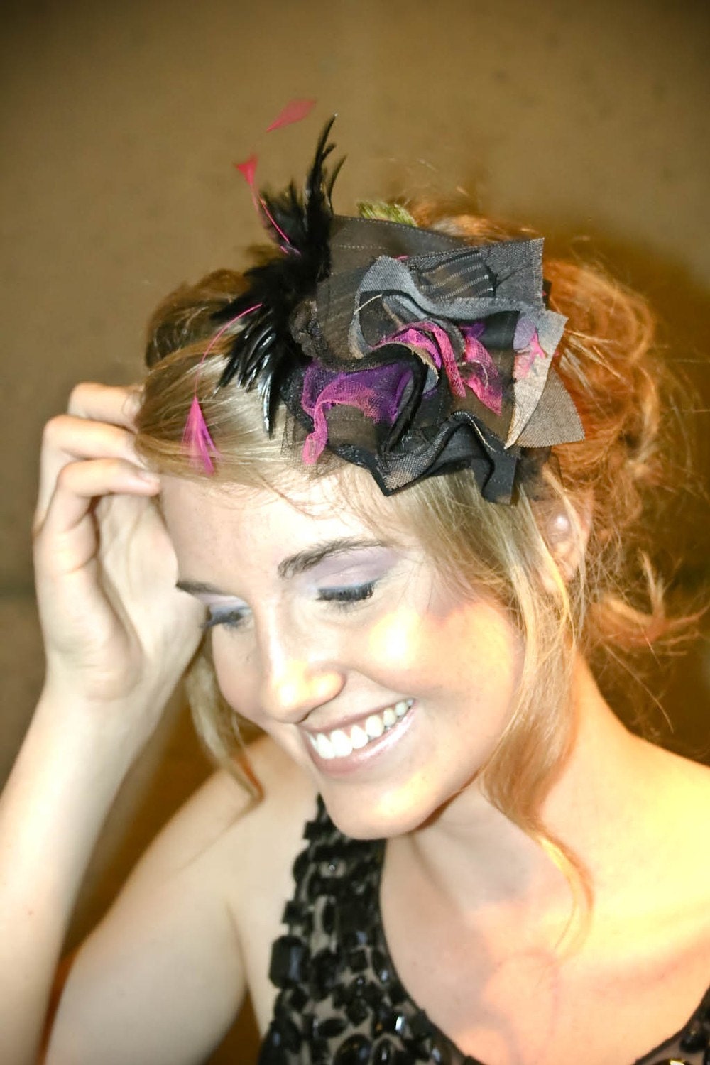 The Edith Cocktail Hat by Love Charlie in Fuchsia with hand crafted repurposed fabric flower