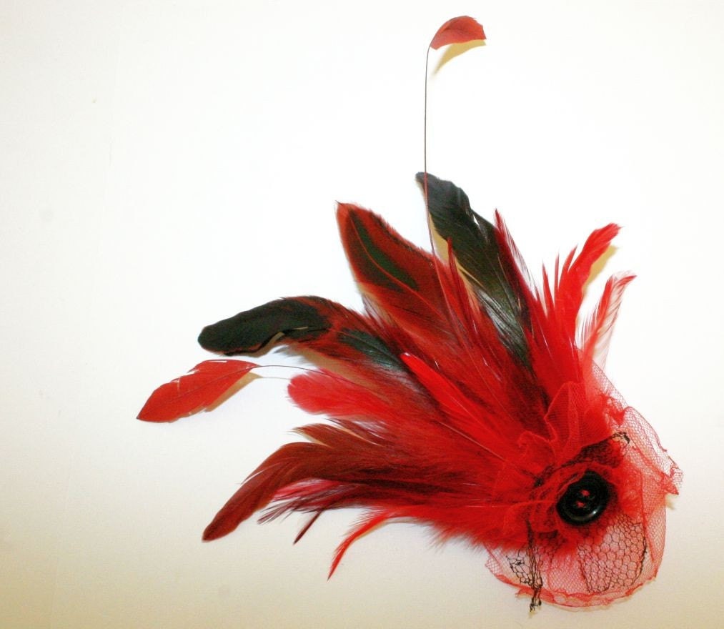 Eugenia Feather Fascinator-Brooch by Love Charlie in Red
