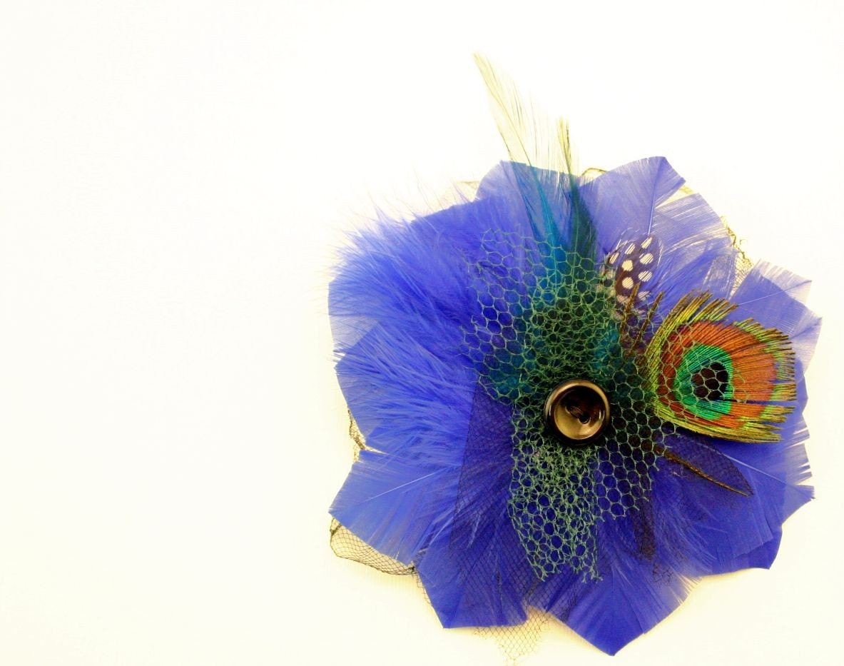 Galliana in Royal Blue Feather Flower Fascinator Brooch by Love Charlie December Sale