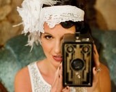 Free Shipping: Lizabella -Bridal Headpiece by Love Charlie -Swarovski Crystals- Antique Lace- Rare Albino Peacock and Ostrich Feathers