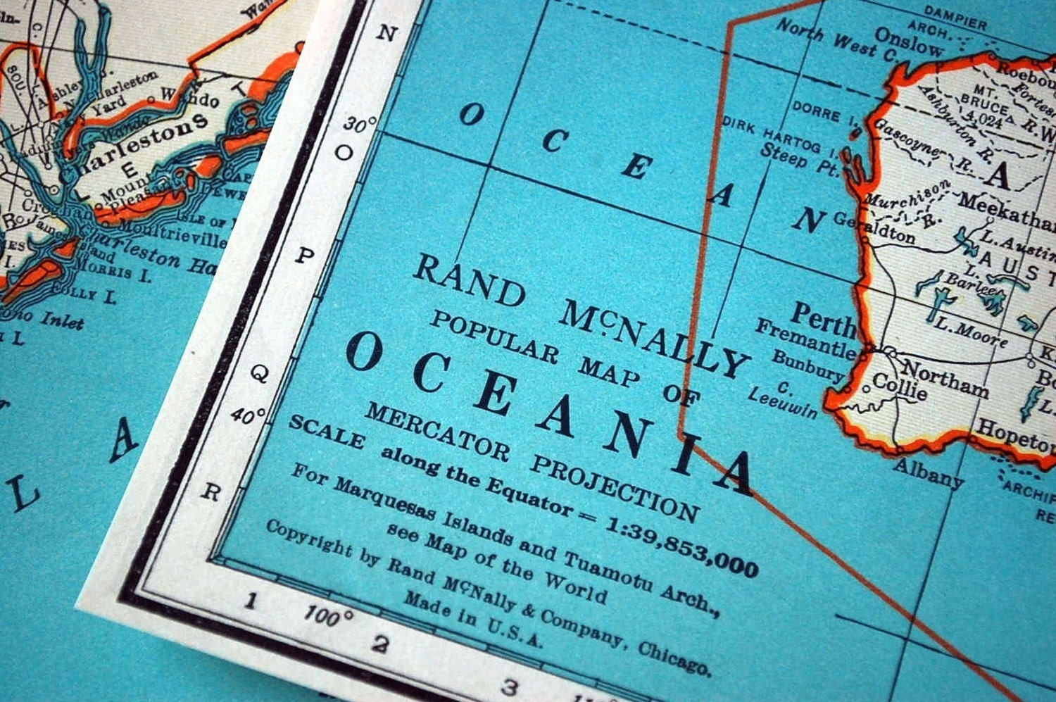 1937 Vintage Map of Oceania, with the Philippines, Australia, Indonesia, Thailand, the Pacific Ocean, New Zealand
