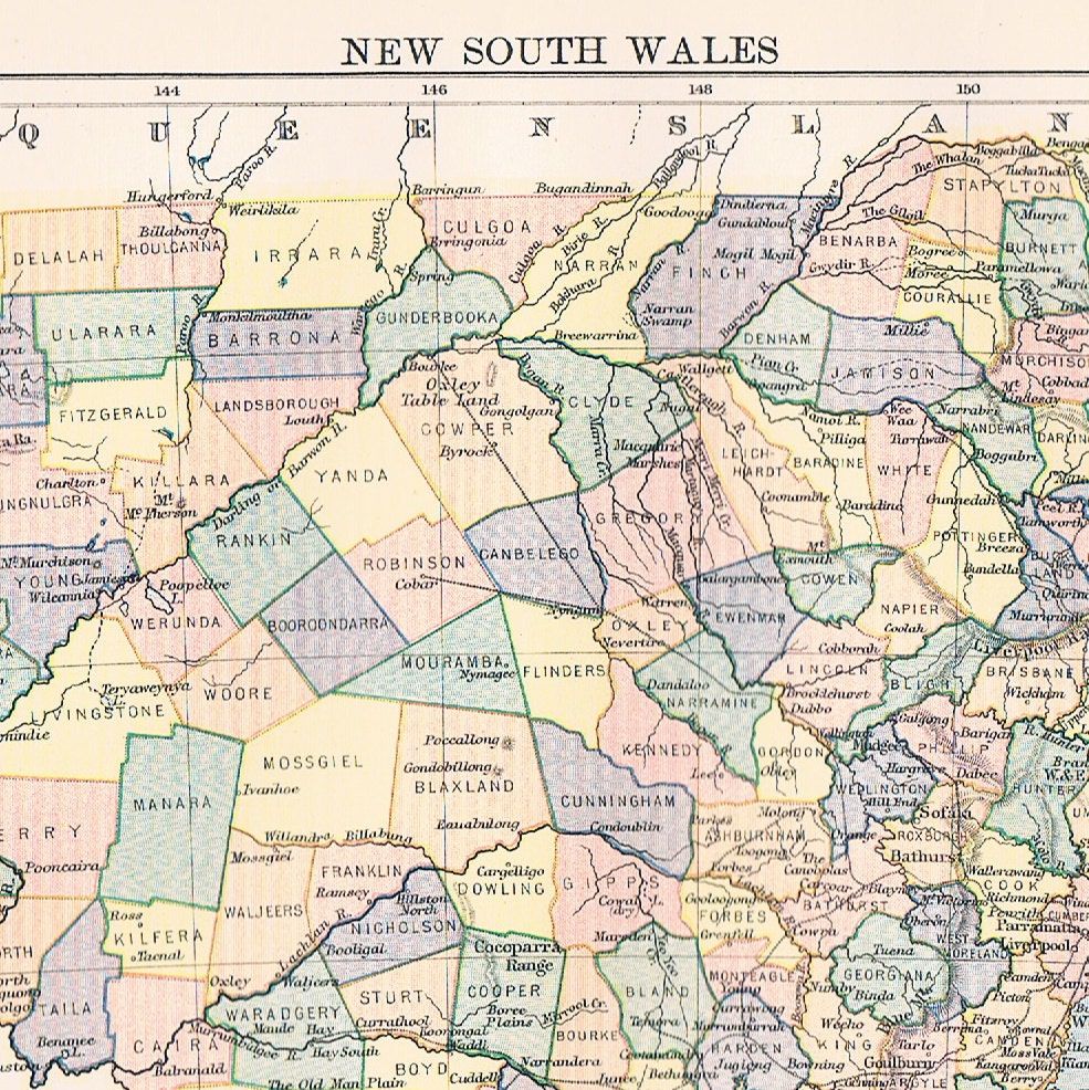 1884 Antique Map of New South Wales, Australia. In Pastel Colours.