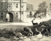 1845 Your Personal Downton Abbey Series. English Antique Wood Engraving of Charlecote Park in Warwickshire, England