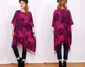 Vintage Poncho Fringe Tunic - Killer Shape, 70s mini dress tunic, tribal ethnic geometric, fuschia black - FREE Worldwide Shipping