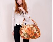 Vintage CARPET BAG Purse - Velvet Floral Tapestry 70s hippie - tangerine orange, soft velvet, great slouchy shape - Free Worldwide Shipping