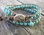 Good Luck Elephant &  Turquoise Leather Wrap Bracelet
