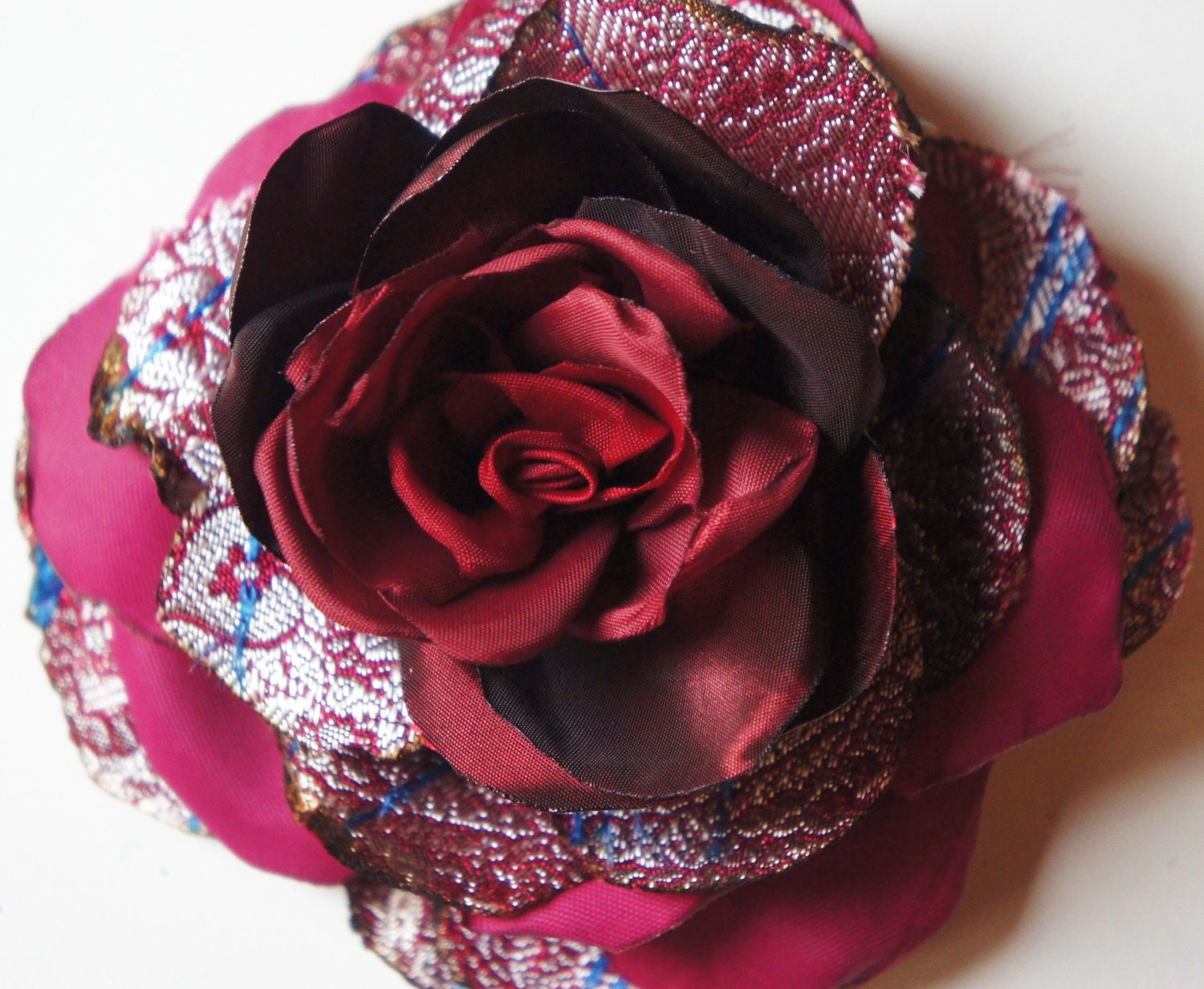 Red satin recycled vintage  fabric and sari silk rose fascinator flower