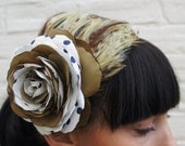 Recycled vintage polka dot flower fascinator headpiece, with brown vintage feathers, wedding guest, races