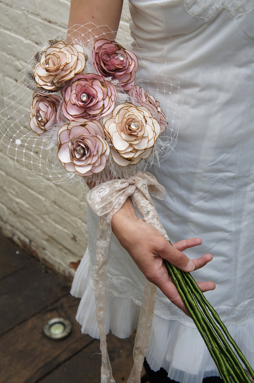 hand made vintage fabric wedding bride's bouquet, silk, satin, antique net and feather, choose your colours CUSTOM ORDER