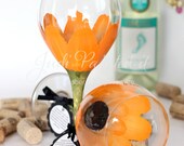 Vivid orange Daisy hand painted wine glass - FREE Personalization and dishwasher safe