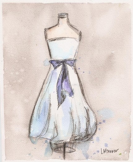 Print - Watercolor and Charcoal Painting - White Bow Dress - 8x10