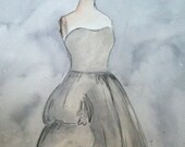 CLEARANCE - Vintage Dress Painting - Large Watercolor and Charcoal Painting - Silver Vintage Party Dress - 20x30