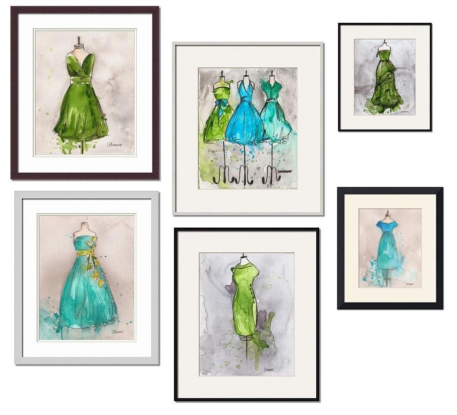 Print - Watercolor and Ink - Vintage Dress Painting - Vintage Aqua Trio - 8x10
