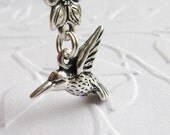 Hummingbird charm necklace with a sweet flower, antiqued silver pewter, humming bird, garden gardening, ornithology