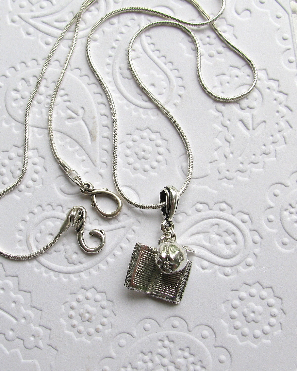 Teacher charm necklace, teacher ID lanyard, silver pewter apple and book, reading, literacy tutor, literature, librarian, back to school