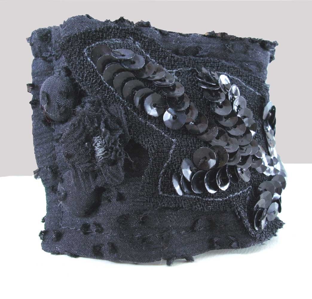 Noir Silk Swiss Dot Wrist Cuff Textile Bracelet with 1940's Sequins