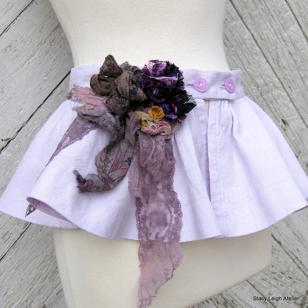 Peplum Lavender Vintage Cotton Pique Size 28 Inch with Tea Stained Laces
