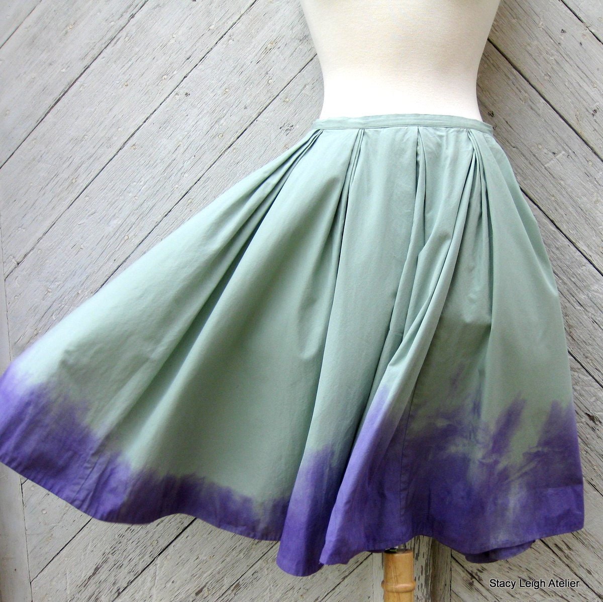 Ombre Dyed Cotton Skirt in Soft Green and Violet Size 12