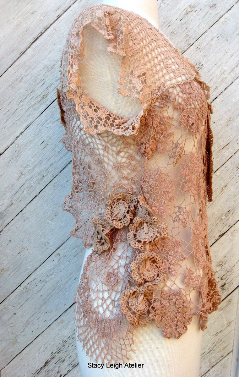 Tea Stained Hand Crocheted Bodice Over Blouse by Stacy Leigh Size Medium