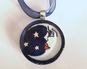 Midnight Blue Crescent Moon Face and Stars Glass Pendant Necklace