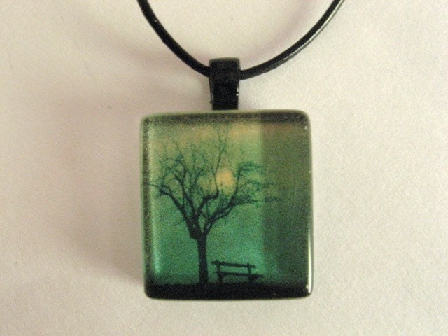 Lone Tree, Misty Moonlight, Empty Park Bench, TTV Image...Petite Glass Tile Pendant