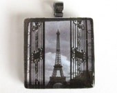 Eiffel Tower - Paris Grey Cloudy Day - Glass Tile Pendant Necklace