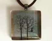 Cat in Bare Tree Glass Tile Pendant - Gray and Brown Earth Tones