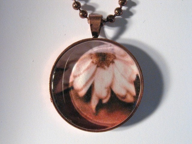 Daisy in Sepia Pendant Necklace - Glass Tile in Antiqued Copper Pendant Tray with Chain