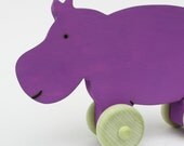 Wood toy- Hippopotamus Push Toy- Waldorf- Hippo-Eco-friendly- Purple