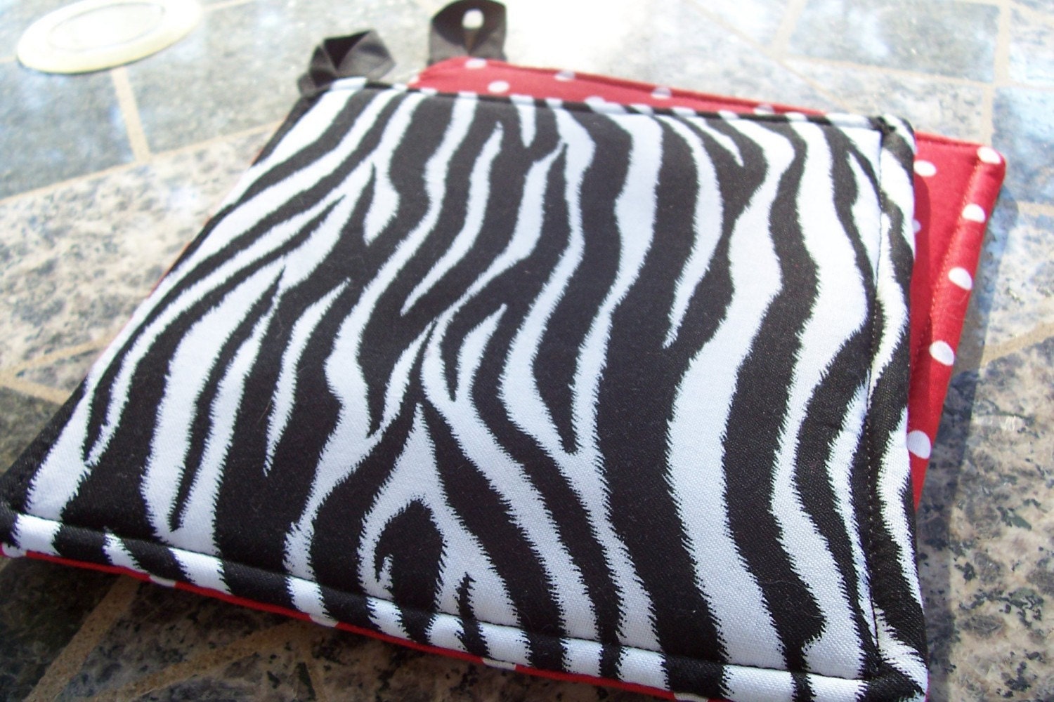 Kitchen Fabric Potholders - Set of 2 - Zebra -  Black and White Red Polka Dots Cloth