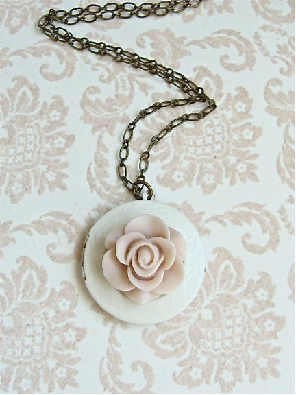 Pale Pink Rose Locket Necklace.  Antique Brass Chain With A Creamy Ivory Locket.
